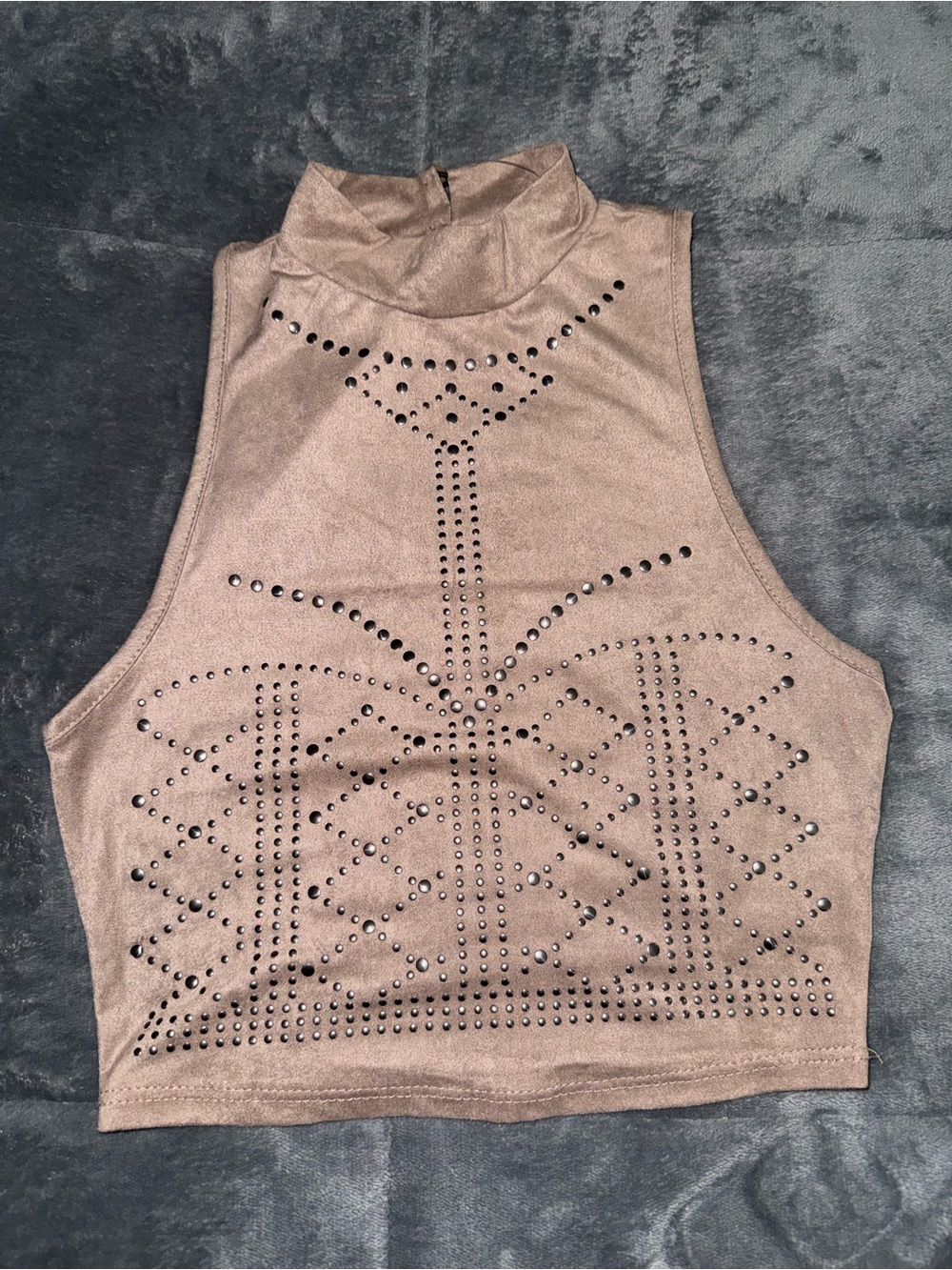 Sleeveless Studded Mock Neck Crop Top - Taupe